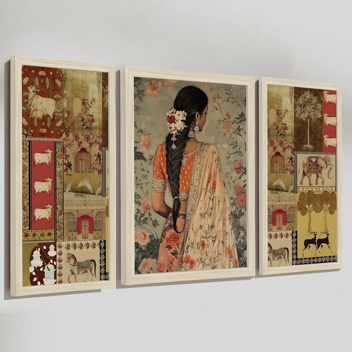 Botanicals Pichwai Framed Wall Art Painting Home Décor Pack Of 3 | Digital Scenery Painting with Frame, Set Of 3 22x46 cm, 33x44 cm