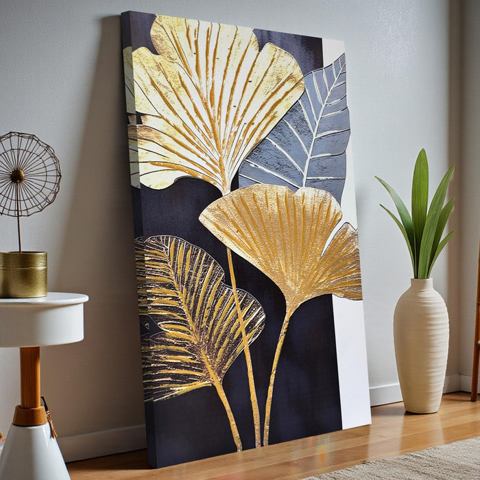 Abstract Stretched Canvas Paintings Gold Ginkgo Leaf Wall Art 3D Textured Abstract Botanical Canvas Painting Wall Décor Hand Painted Art Painting for Modern Home Decor 61x 91cm