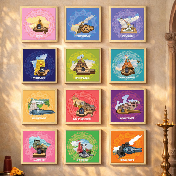 12 Jyotirlinga Wall Art Painting For Living Room | Lord Shiva Sacred Temples Framed Wall Art Paintings | Spiritual Home Decor Frames for Pooja Room, Office | Religious Gift Set (Set of 12), 9x9 Inch
