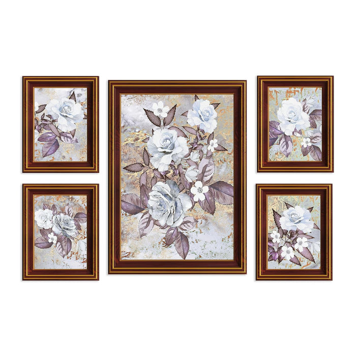 Art Street White Rose Floral Framed Art Print For Living Room, Decorative Home & Wall Decor - Set Of 5 (Brown, 4 Pcs-5x7 Inch, & 12x16 Inch)