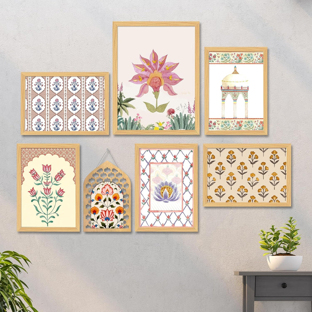 Set of 7 Madhubani Indian Floral Framed Wall Art Print, Mughal Theme F ...