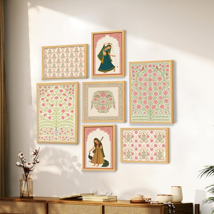 Womens Floral Indian Folk Art Wall Art Print Paintings, set of 7 | Digital Framed Painting 30x42, 21x30, 30x30 cm