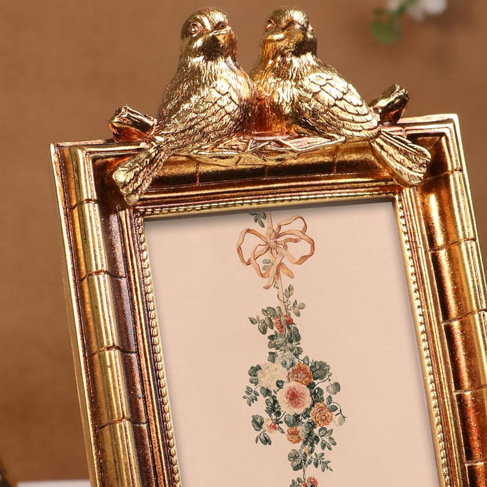 Vintage 4x6 Inch Photo Frame Golden Brown – European Style Resin Picture Frame with Birds Design, Tabletop Display, Antique Look, 10x15 cm