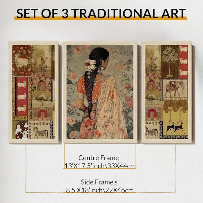 Botanicals Pichwai Framed Wall Art Painting Home Décor Pack Of 3 | Digital Scenery Painting with Frame, Set Of 3 22x46 cm, 33x44 cm