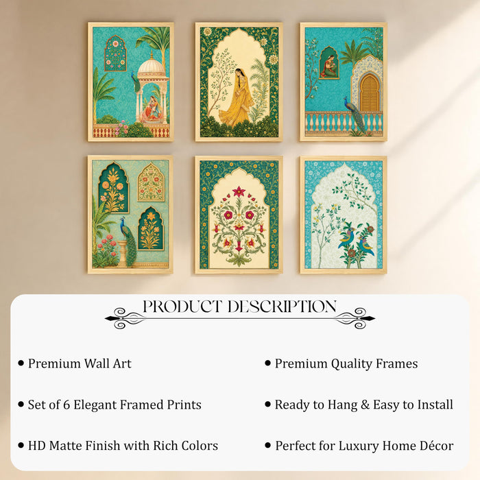 Mughal Jharokha Royal Queen Wall Art Painting, Traditional Turquoise Arch, Peacock & Floral Theme Wooden Framed Wall Art Print for Living Room & Home Decor (Set of 6, 13x9 inch)