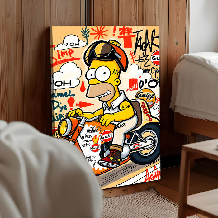Cartoon Biker Graffiti Stretched Canvas Painting Print | Street Pop Art Wall Décor | Modern Motorcycle Illustration for Home & Office, 56x86 cm