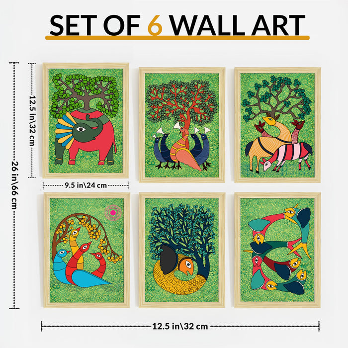Gond tribal Art Painting With Frame for living room, Traditional Indian Folk Framed Wall Art Painting for Home Decor Set of 6, Size 9.5 by 12.5 Inch
