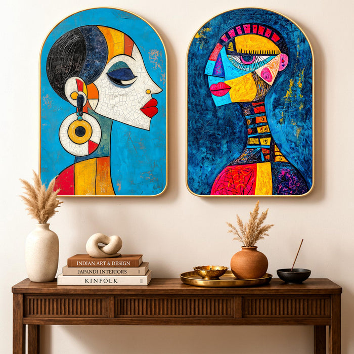 Abstract Women Face Modern Nordic Wall Art Painting Set of 2 for Living Room, Metallic PVC Gold Moulding 16x24 Inch