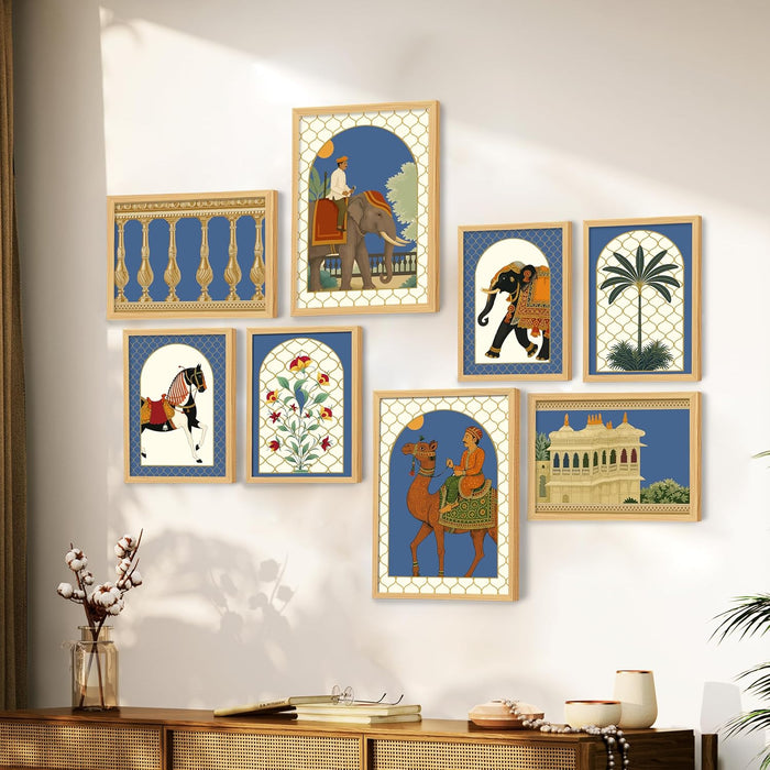 Mughal Animal traditional Indian Art Wall Art Print Paintings, Set of 8 | Digital Framed Painting | 30x42, 21x30 cm