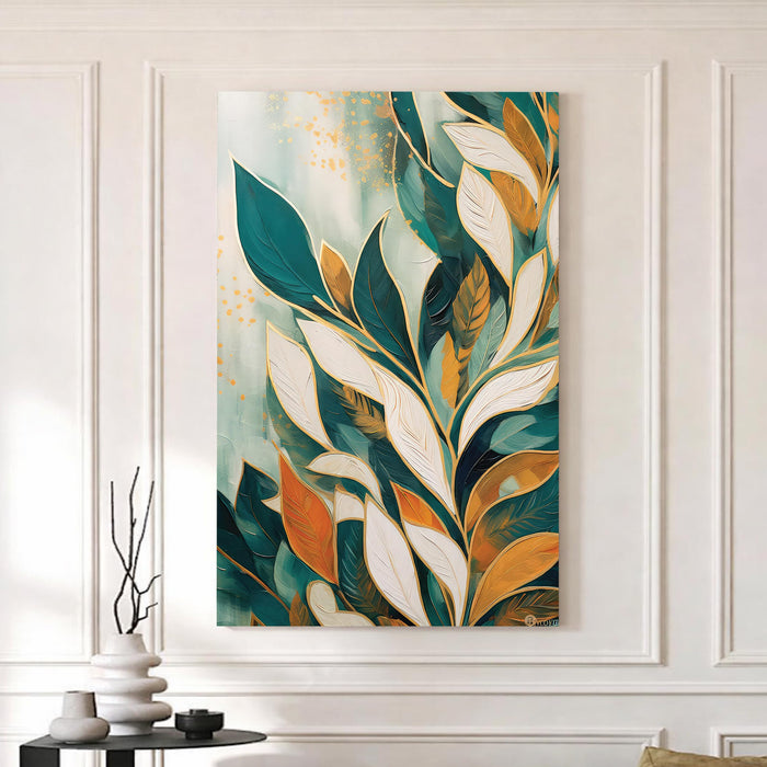 Abstract Botanical Leaves Stretched Canvas Painting For Living Room | Boho Tropical Stretched Canvas Wall Art For Livingroom Home Decor, Bedroom, Hallway's, Office, Hotel - 56x86 cm