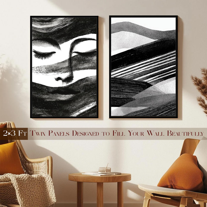 Abstract Face Black and White Canvas Bohemian Large Wall Art Painting for Living Room Decoration, Stylish Large Wall Art Print for Wall Decor (Set of 2, 58x89 cm)