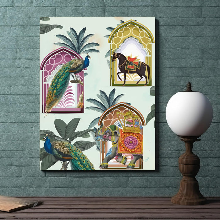 Art Street Stretched Canvas Painting of Peacock, Elephant & Horse Theme for Home Décor, Living Room, Wall Hanging, (Size: 12x16 Inch)