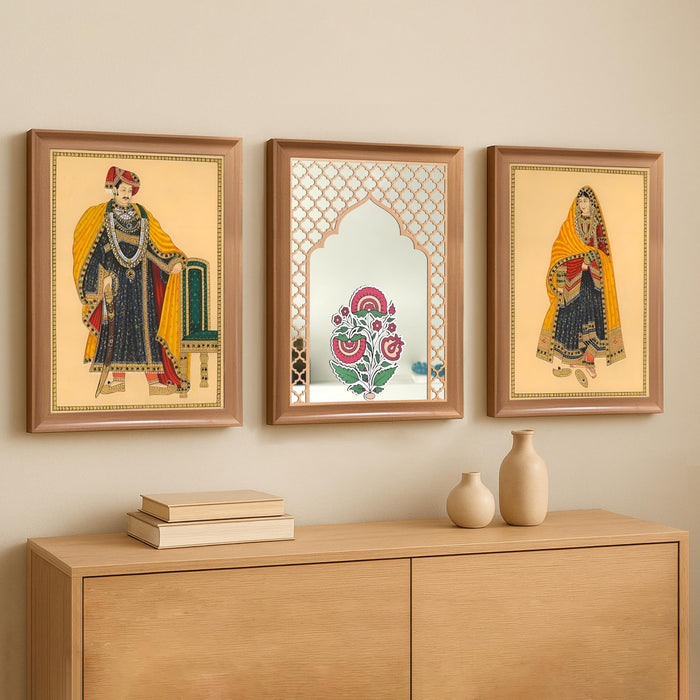 Framed Indian Paintings Wall Decor with Mirror | A3 Madhubani Pichwai Style King and Queen Miniature Art Prints | Decor Quatrefoil Jali Jharoka Mirror 35x45 cm
