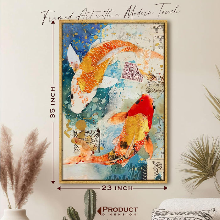 Abstract Traditional Koi Fish Multicolor Painting on Stretched Canvas – Frameless Unframed Gallery Wrap Canvas Wall Art 22x34 Inch
