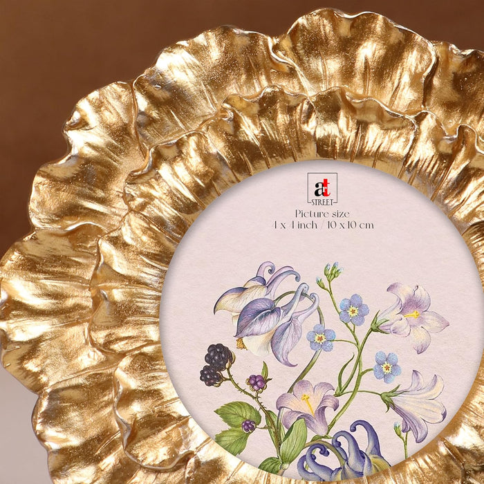 Vintage 4x4 Inch Photo Frame Golden Round – European Style Resin Picture Frame with Floral Petal Design, Tabletop or Wall Display, 10x10 cm