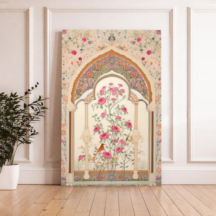 Mughal Rose Garden Stretched Canvas Painting For Living Room | Madhubani Royal Jharokha Stretched Canvas Wall Art For Livingroom Home Decor, Bedroom, Hallway's, Office, Hotel - 56x86 cm