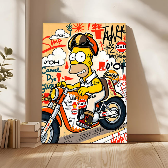 Cartoon Biker Graffiti Stretched Canvas Painting Print | Street Pop Art Wall Décor | Modern Motorcycle Illustration for Home & Office, 56x86 cm