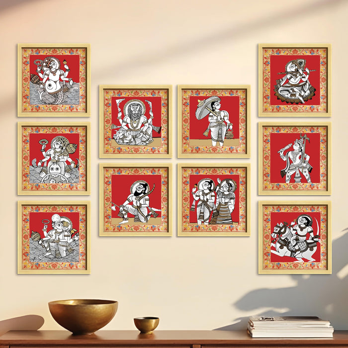 Dashavatar Wall Art Paintings With Frame For Living Room | 10 Avatars of Lord Vishnu Framed Paintings | Sacred Hindu Spiritual Wall Decor Poster for Home, Pooja Room, Gifting, Set of 10, Size 24x24 cm