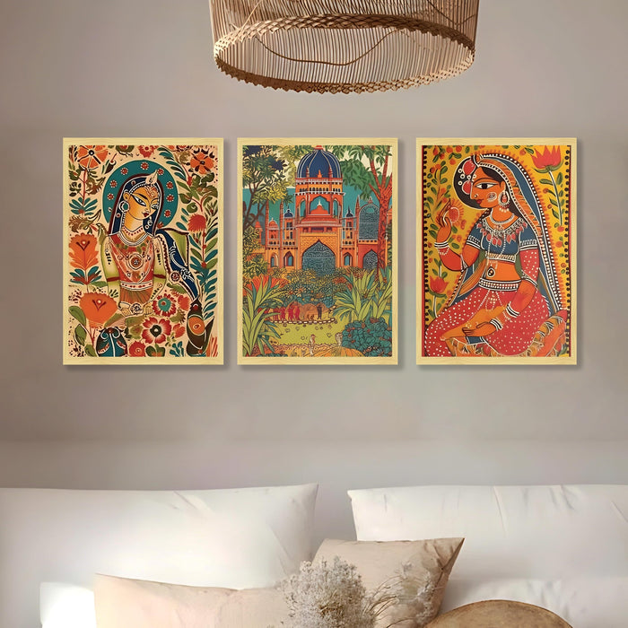 Madhubani Art Print Set of 3 Indian Folk Painting for Home Décor with Vibrant Indian Artwork, Traditional Mithila Wall Art, Ethnic Decor, Wall Prints for Living Room 30x42 cm