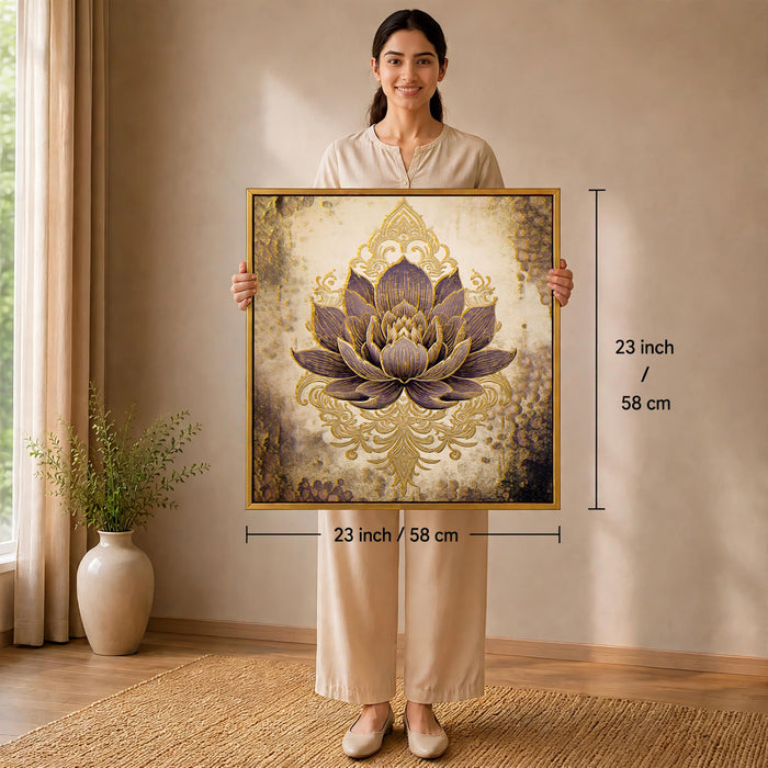 Vastu Lotus Gold Foil Canvas Painting For Living Room | Premium Golden Textured Abstract Floral Canvas Wall Art with Frame for Home Wall, Decoration Item for Pooja Room, Home 23x23 Inch