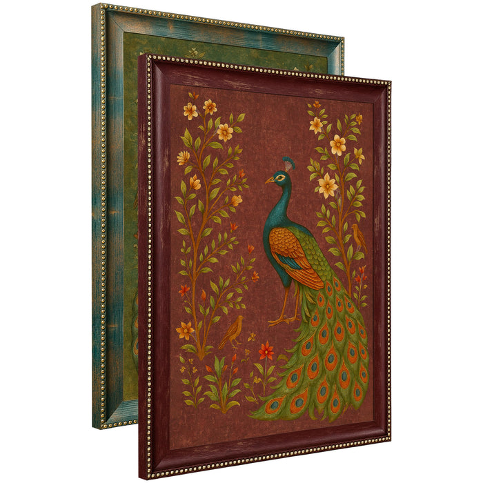 Set of 2 Green and Maroon Peacock Wall Art Framed Art Prints, Antique Indian Mughal Rajasthani Style Peacock Bird Painting, Ornate Framed Ethnic Wall Decor Living Room Bedroom 35x45 cm