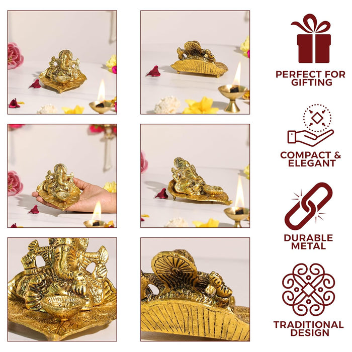 Mental Ganesha Idol on Peepal Leaf with Diya Oil Lamp, Diwali Pooja Decoration Items, Brass Finished Idols for Deepawali Decor Oil Lamp 8.9x5.8 cm