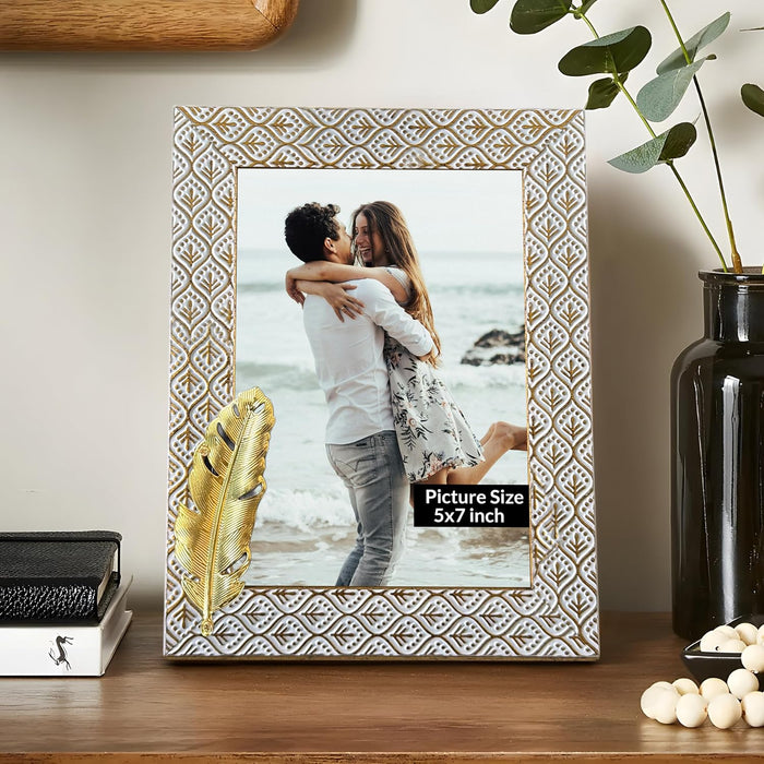 Photo Frame with Golden Metalic Leaf, White (5x7 Inch), Wooden Tabletop Photoframe.