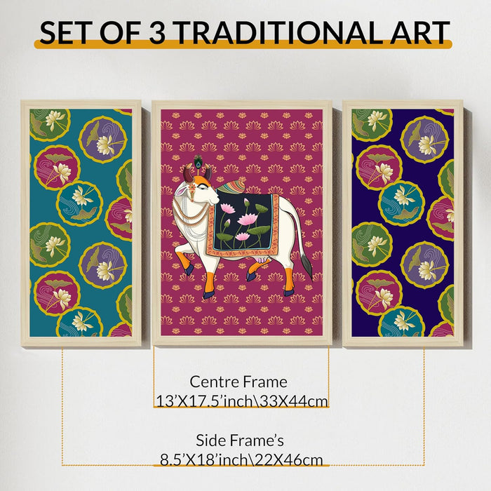 Pichwai Framed Wall Art Painting Home Décor Pack Of 3 | Digital Scenery Painting with Frame, Set Of 3, 22x46 cm, 33x44 cm