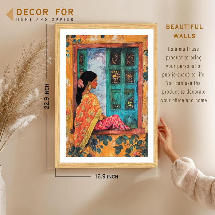 Traditional Women Art Print, Cultural Design Wall Decorative Art Prints Framed Painting (17x23 Inch)