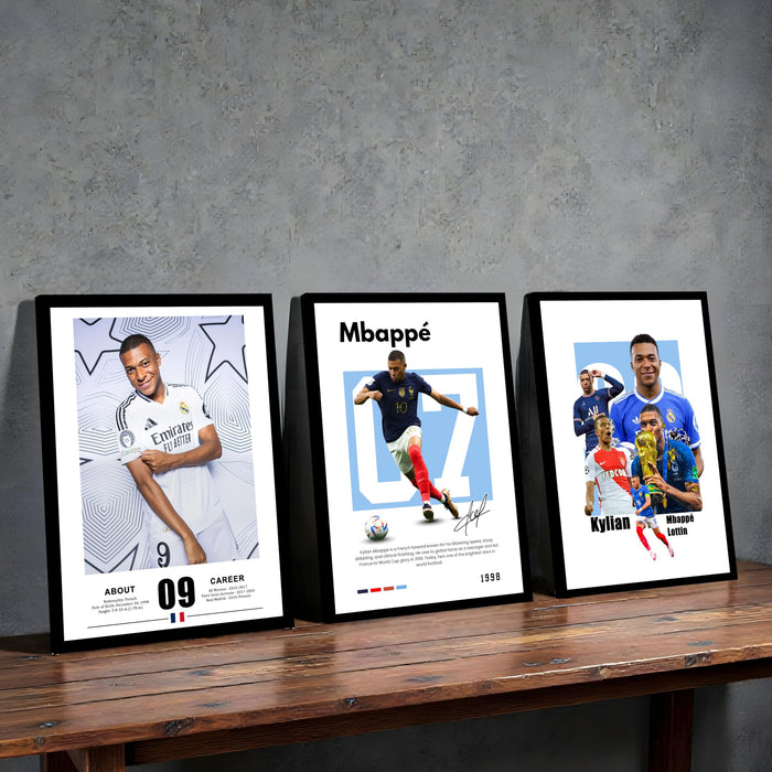Kylian Mbappe Sports Painting With Frame for living room, Football Player Framed Wall Art Painting for Home Decor Set of 3, Size 13.6 by 17.9 Inch