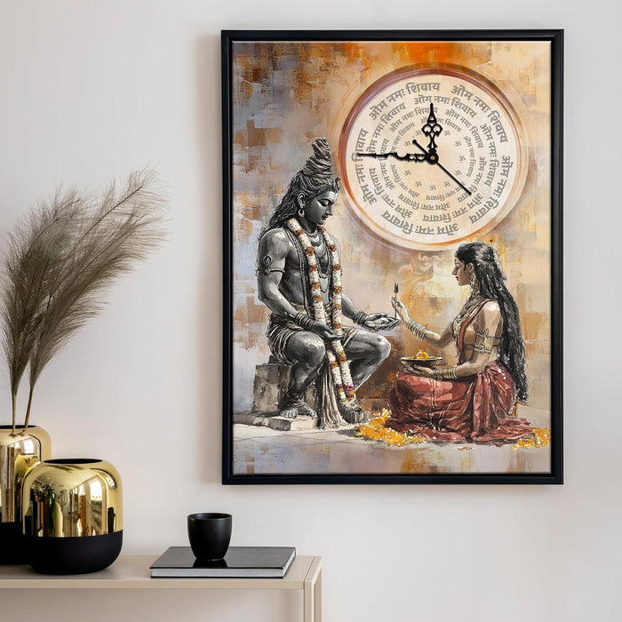 Hindu Religious Portrait Abstract Divine Multicolor Framed Canvas wall art With Clock | Painting with clock. 43x58 cm