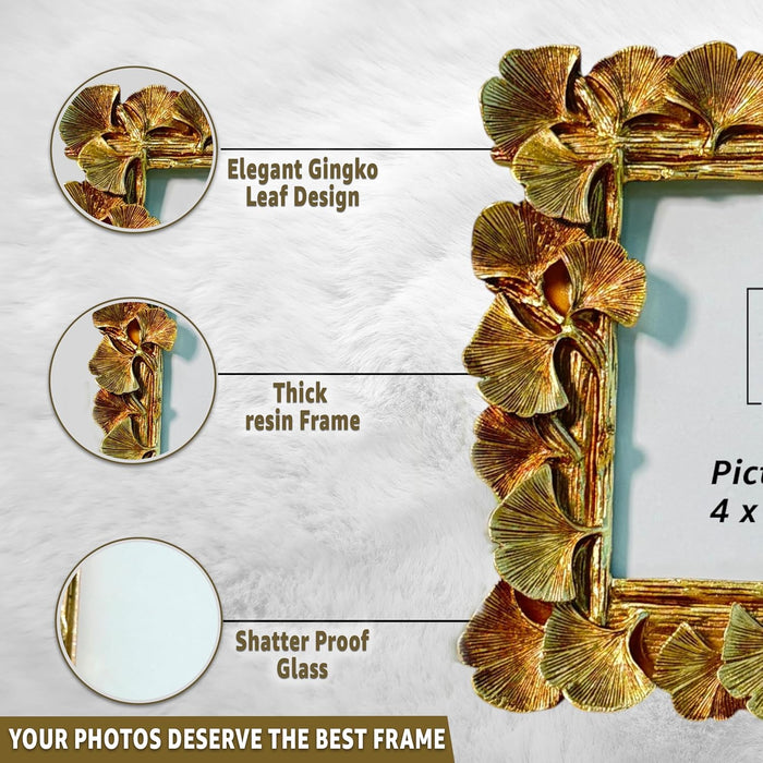 Elegant Golden Ginkgo Leaf Resin Vintage Table Photo Frame, 4x4 Inch Photo  - Royal Gold