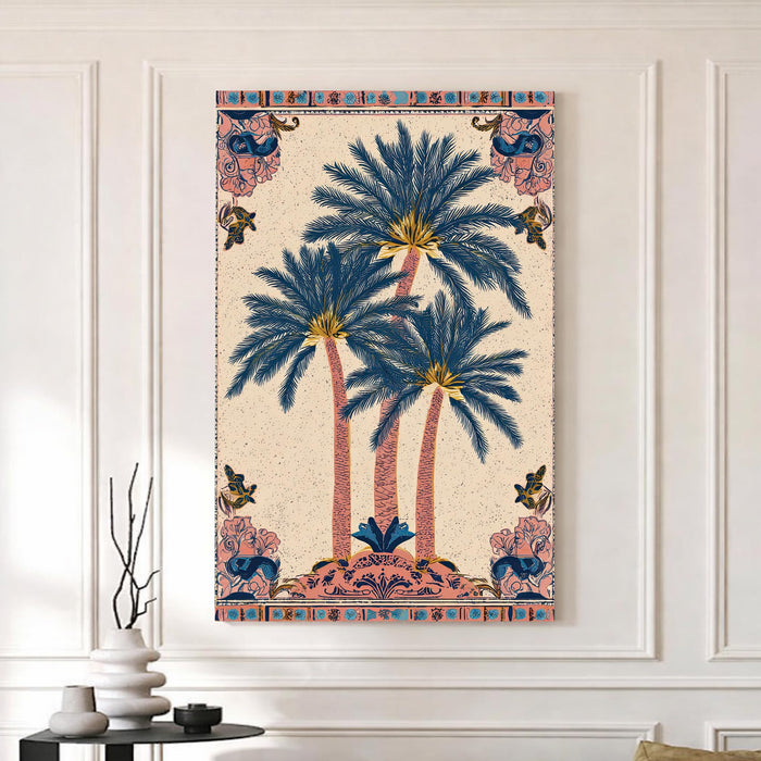 Mughal Botanical Stretched Canvas Painting For Living Room | Decorative Palm Garden Stretched Canvas Wall Art For Livingroom Home Decor, Bedroom, Hallway's, Office, Hotel - 56x86 cm