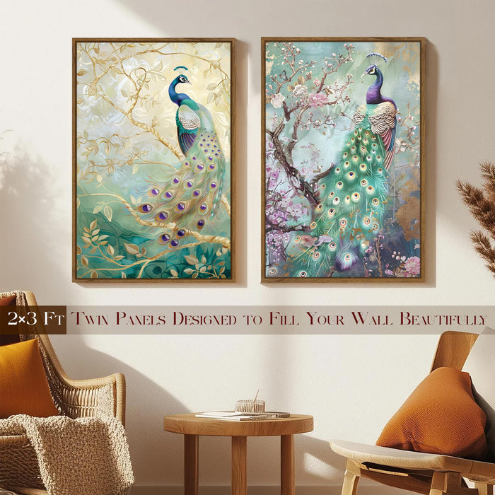 Peacock Canvas Painting for Wall Vastu Canvas Large Wall Art Painting for Living Room Decoration, Stylish Large Wall Art Print for Wall Decor (Set of 2, 58x89 cm)
