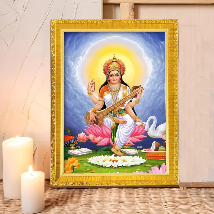 Divine Lakshmi Ganesh Saraswathi Goddess of Wealth Religious Golden Photo Frame Stand able and Wall Hanging for Temple, Mandir (21x30 cm)