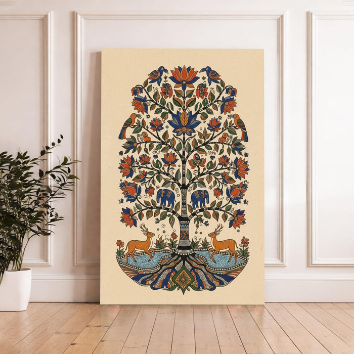 Madhubani Tree of Life Stretched Canvas Painting For Living Room | Indian Folk Nature Stretched Canvas Wall Art For Livingroom Home Decor, Bedroom, Hallway's, Office, Hotel - 56x86 cm