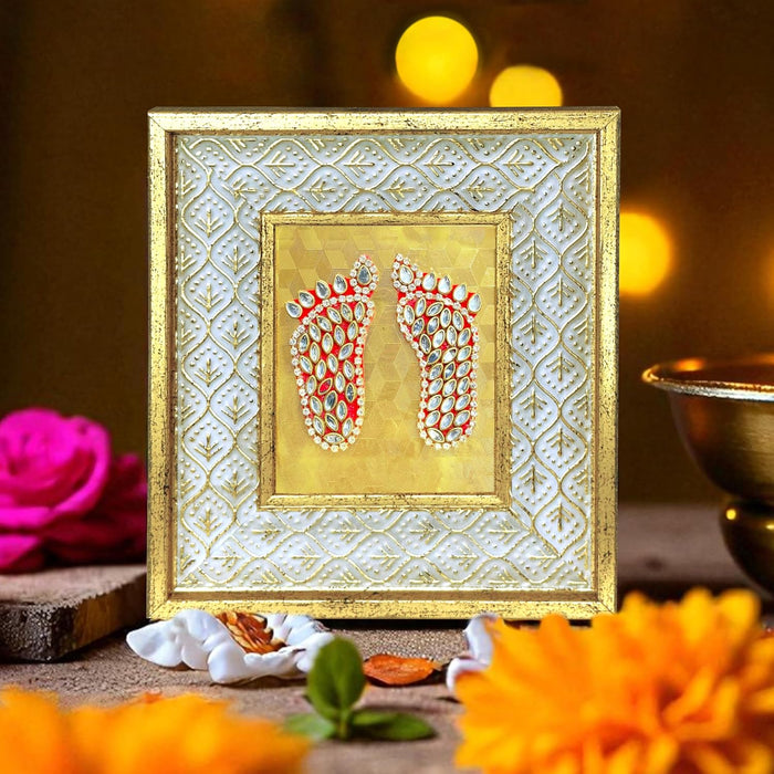 Gold Plated Lakshmi Charan Photo Frame, Silver and Gold God Photo Frames (6x5 inch)