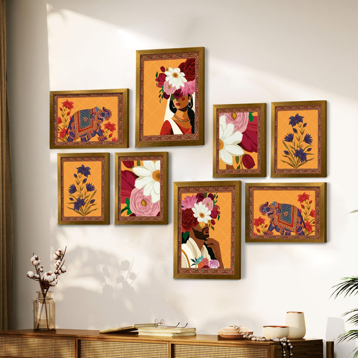 Art Street Set of 8 Indian Folk Wall Art Royal Prince with Queen Palace Painting For Home (Size: 9.3x12.7 & 12.7x17.5 Inch)