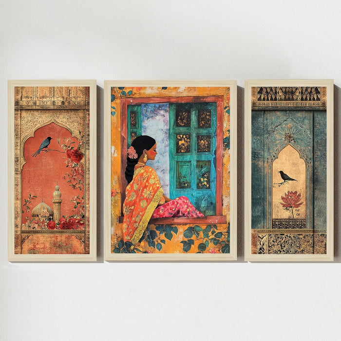 Botanicals Pichwai Framed Wall Art Painting Home Décor Pack Of 3 | Digital Scenery Painting with Frame, Set Of 3 22x46 cm, 33x44 cm