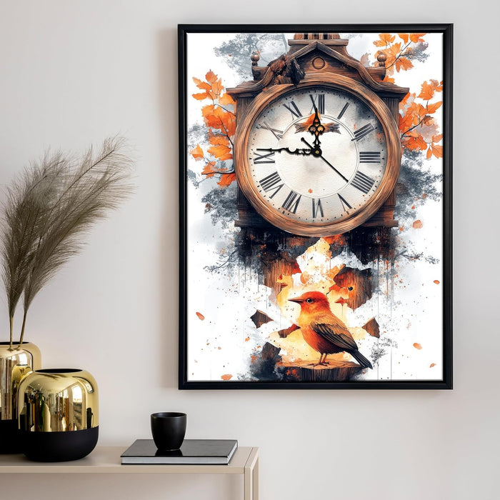 Portrait Abstract Cuckoo clock with bird Multicolor Framed Canvas wall art With Clock | Painting with clock, 43x58 cm