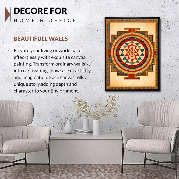 Sri Yantra Mandala Framed Canvas Painting for Living Room Wall Deocr, Shree Yantra Sacred Geometry Vastu Framed Canvas Wall Art for Vastu Place Bedroom Home Hallways Office Hotel, Size 43x58 cm