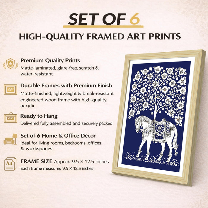 Traditional Indian Folk Painting With Frame for living room, Tree of Life Animal Framed Wall Art Painting for Home Decor Set of 6, Size 9.5 by 12.5 Inch