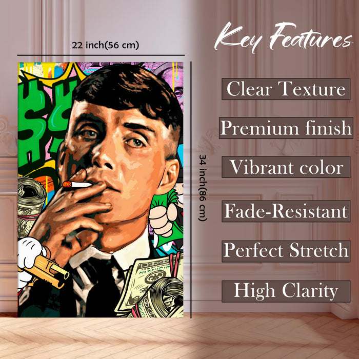 Bold Street Pop Art Gentleman Smoking Stretched Canvas Painting Print| Money & Power Graffiti Wall Art | Modern Luxury Wall Décor for Home & Office, 56x86 cm