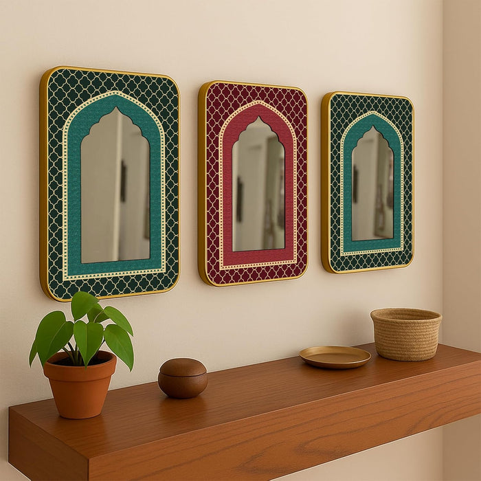 Decorative Jharokha Acrylic Mirror Set of 3 Red Abstract Floral Pattern Printed Gold Metal Finish Décor Mirror (8.2x12.2 Inches)