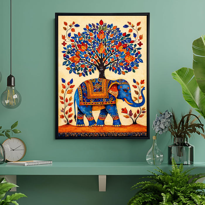 Madhubani Elephant Framed Canvas Painting for Living Room Wall Decor, Tree of Life Indian Traditional Vastu Framed Canvas Wall Art for Vastu Place Bedroom Home Hallways Office Hotel, Size 43x58 cm