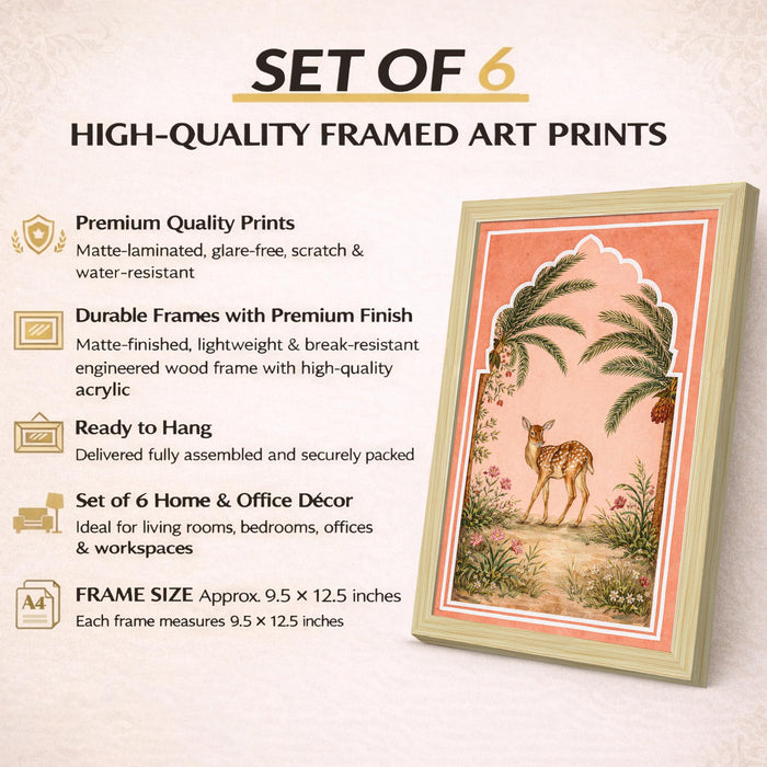 Mughal Miniature Painting With Frame for living room, Royal Flower garden Framed Wall Art Painting for Home Decor Set of 6, Size 9.5 by 12.5 Inch