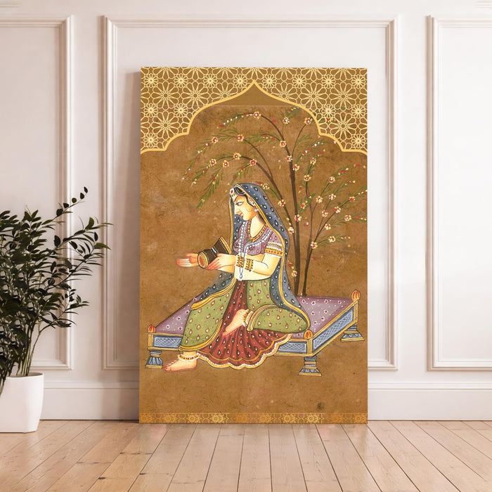 Madhubani Rajput Stretched Canvas Painting For Living Room | Floral Jharokha Stretched Canvas Wall Art For Livingroom Home Decor, Bedroom, Hallway's, Office, Hotel - 56x86 cm