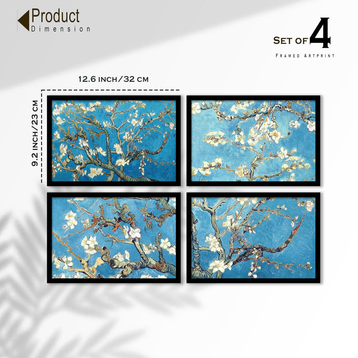 Abstract Blossom Tree Framed Wall Art Painting Set of 4 | Blue Floral Art Print for Living Room, Bedroom & Office Décor, 23x32 cm