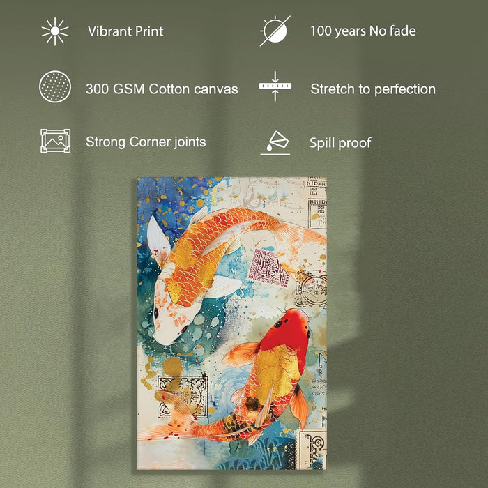Abstract Traditional Koi Fish Multicolor Painting on Stretched Canvas – Frameless Unframed Gallery Wrap Canvas Wall Art 22x34 Inch