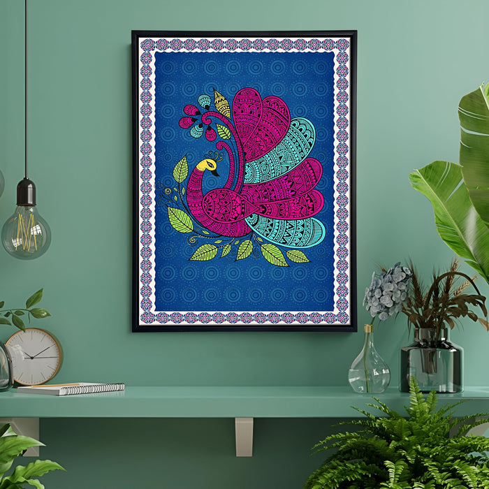 Gond Peacock Framed Canvas Painting for Living Room Wall Decor, Vastu Kalamkari Peacock Floral Framed Canvas Wall Art for Vastu Place Bedroom Home Hallways Office Hotel, Size 43x58 cm